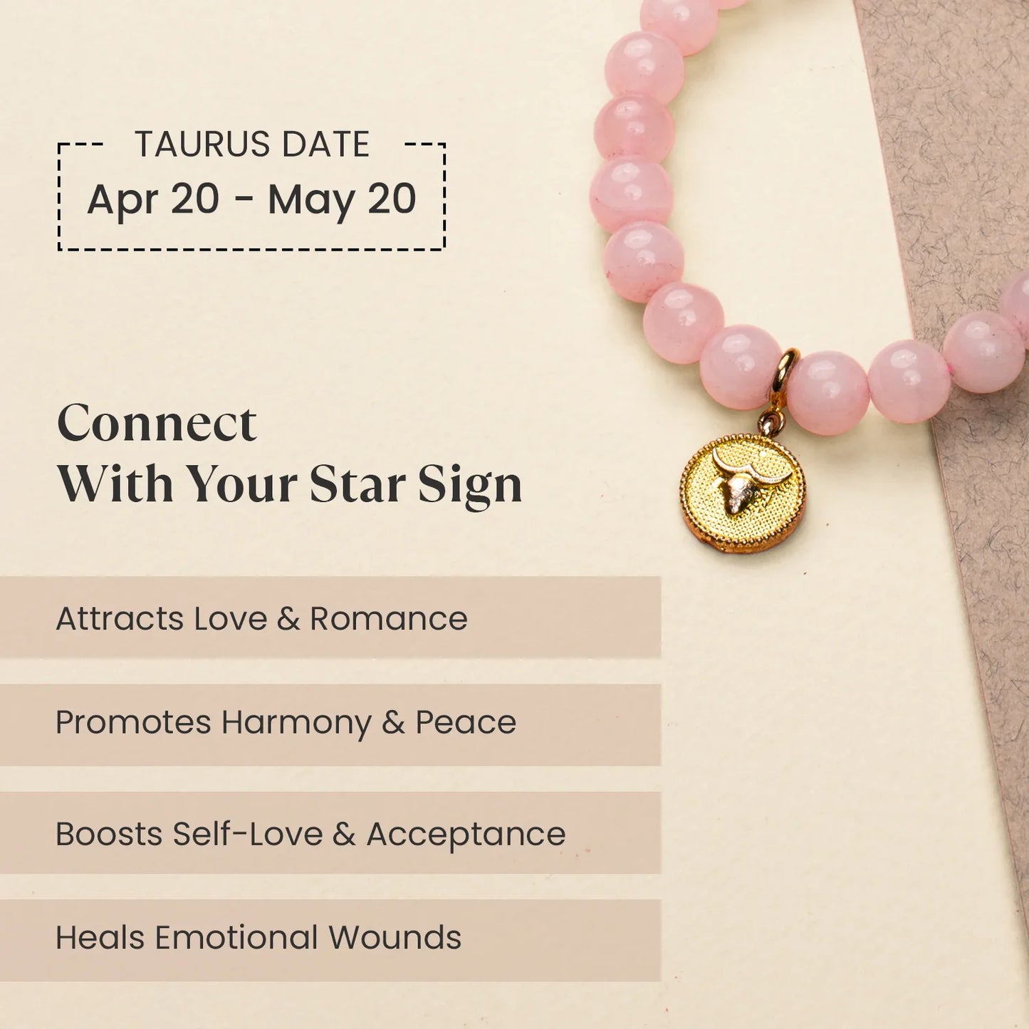Taurus Rose Quartz Bracelet with Charm