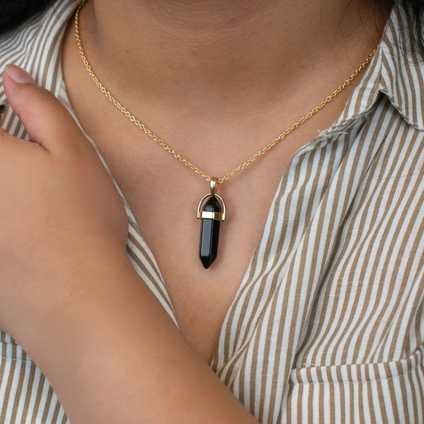 Capricorn Black Tourmaline Pencil Pendant with Chain