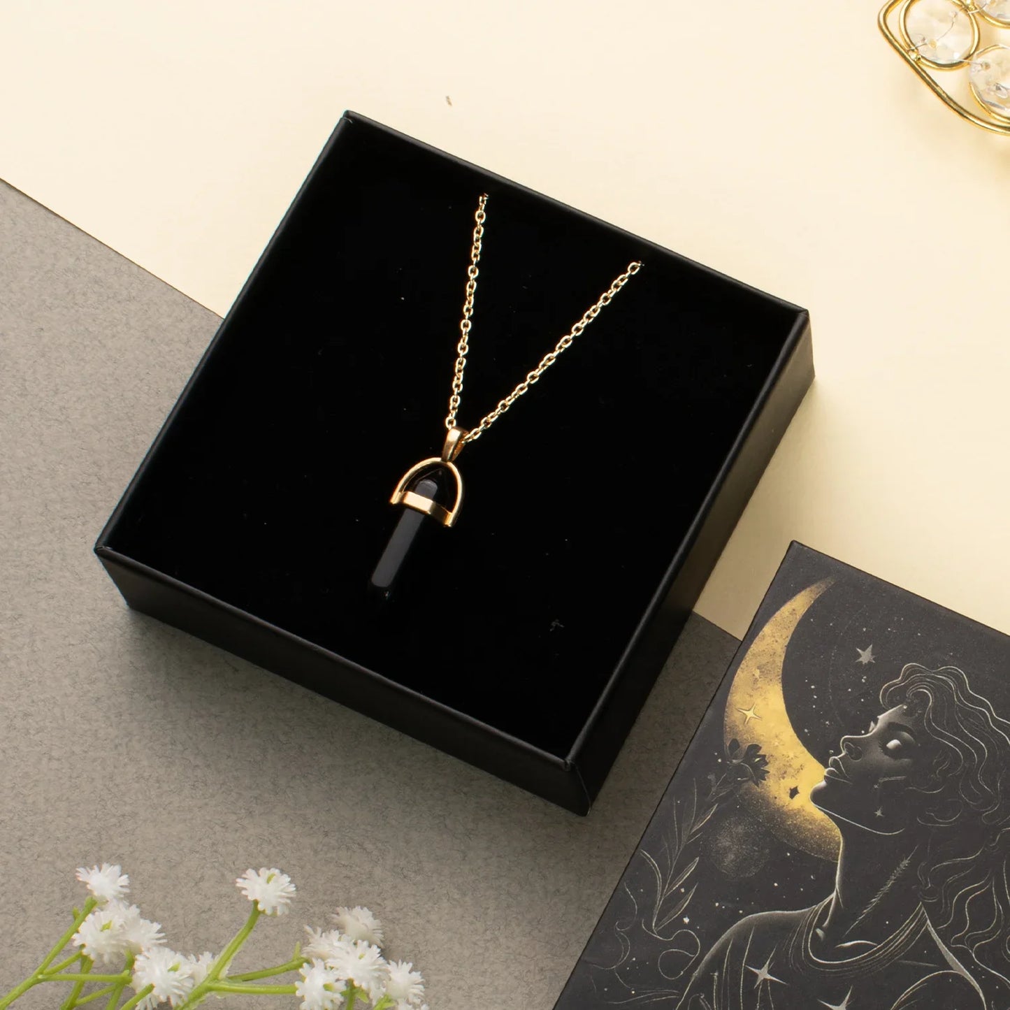 Capricorn Black Tourmaline Pencil Pendant with Chain