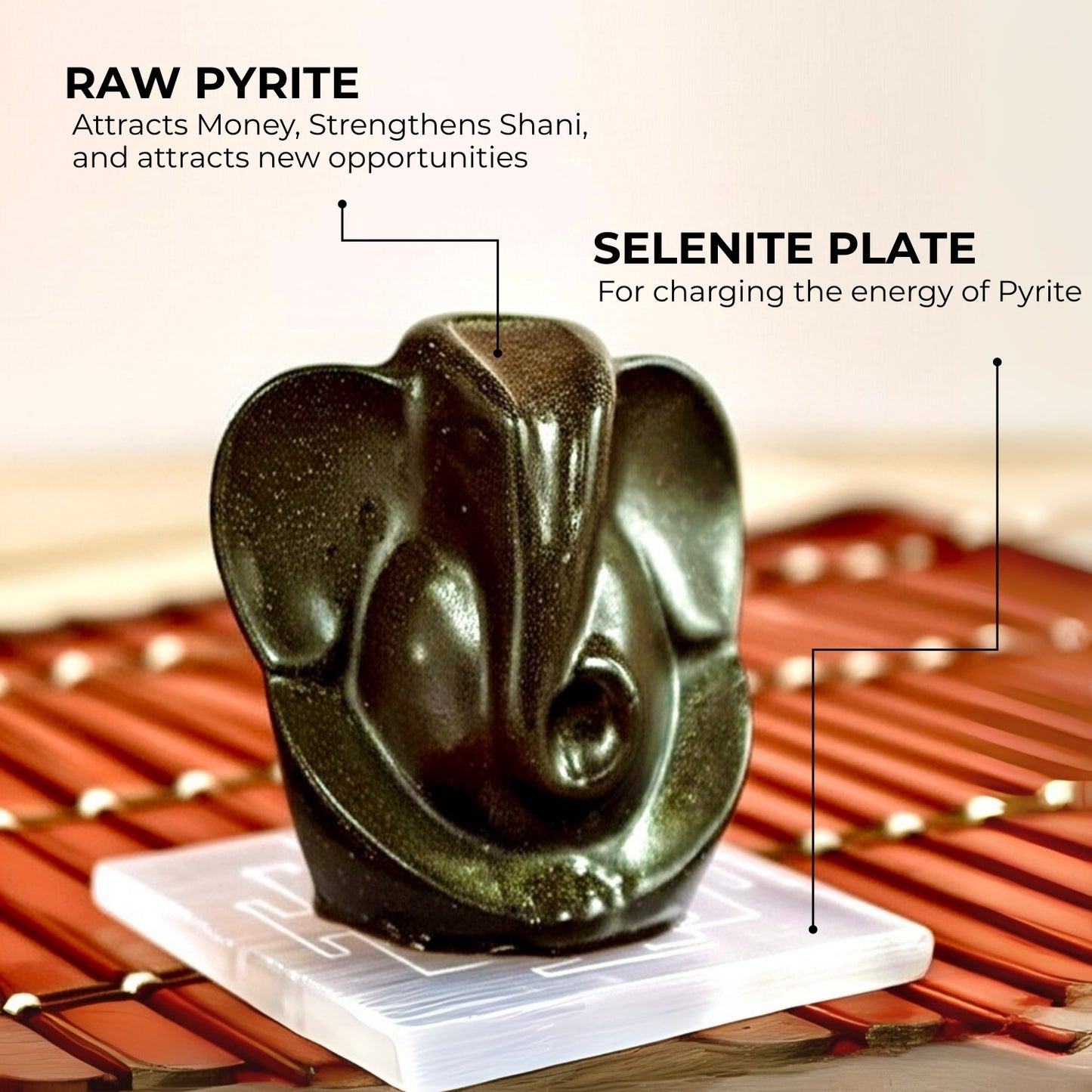 Pyrite Ganesh Ji Idol with a FREE Selenite Plate
